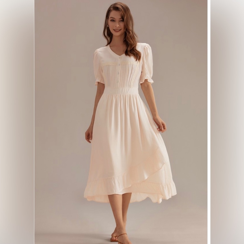 Ivory Short Sleeve V Neck Elastic Waist Split Ruffle Midi Dress
